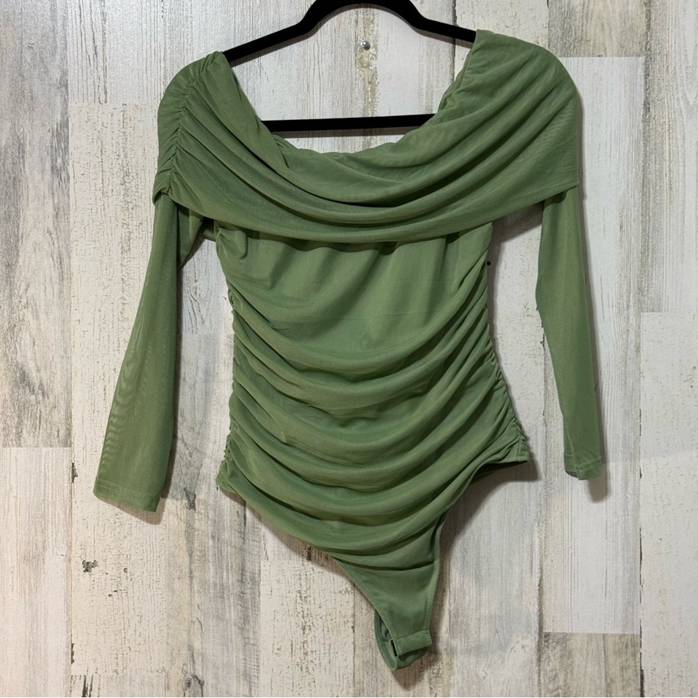 Chic Olive Green Draped Bodysuit